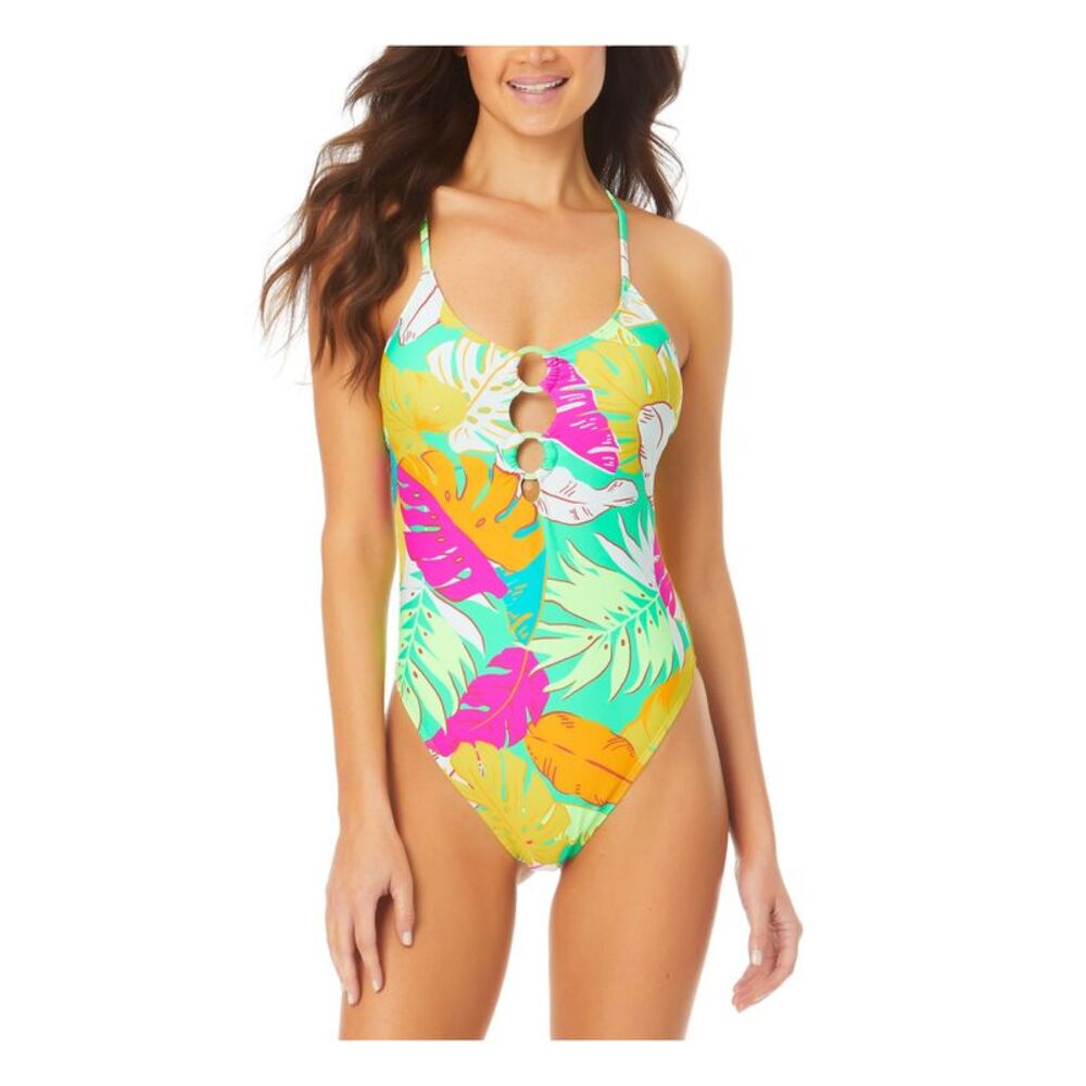CALIFORNIA SUNSHINE Women's Multi Color Tropical Print Ring One Piece Swimsuit M